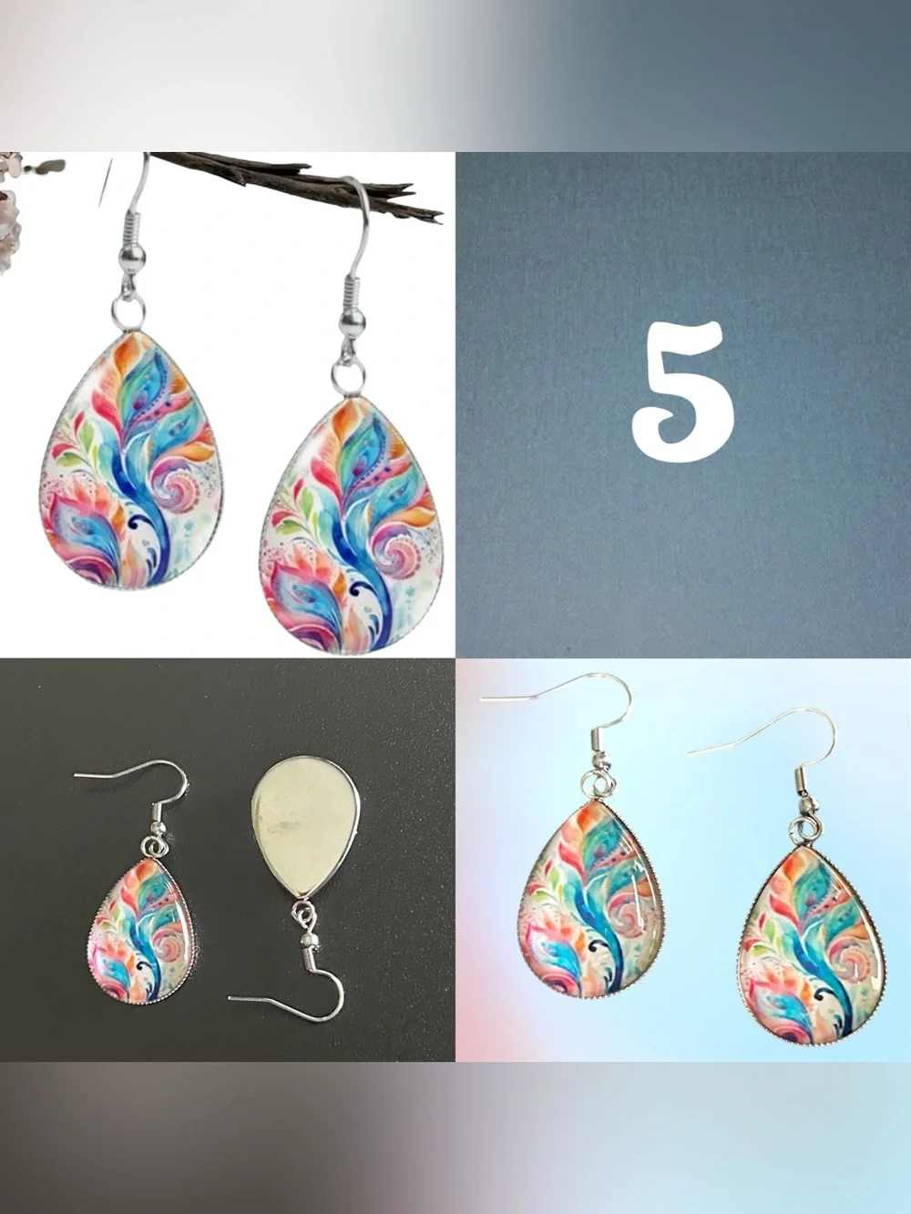 Glass Dome Teardrop Dangle Earrings Floral & Abstract Watercolor Cabochon Design